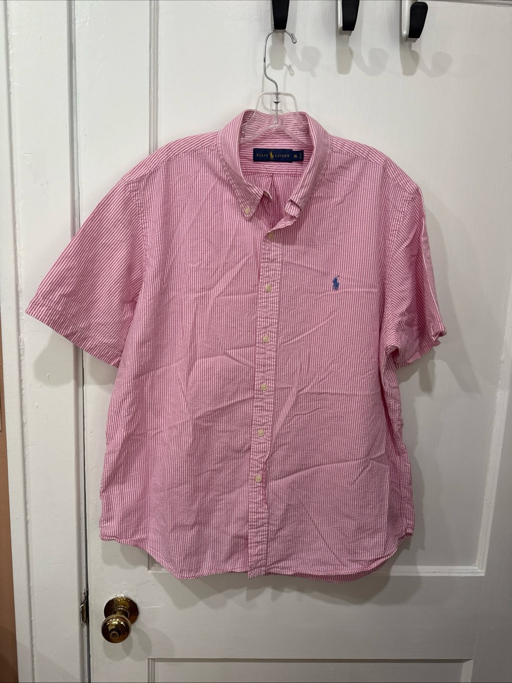 Men’s Polo Ralph Lauren Seersucker Striped Short Sleeve Shirt Pink White XL